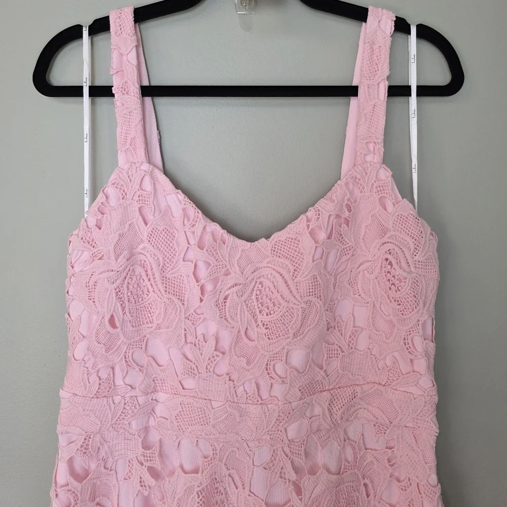 Lulus Divine Beauty Blush Pink Lace Midi Dress With Pockets, Size Large NWT